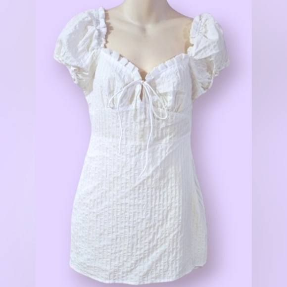 ZARA Sweetheart Neck Puff Sleeve Ruch Frill Trim Tie Front Mini Dress - Picture 7 of 8